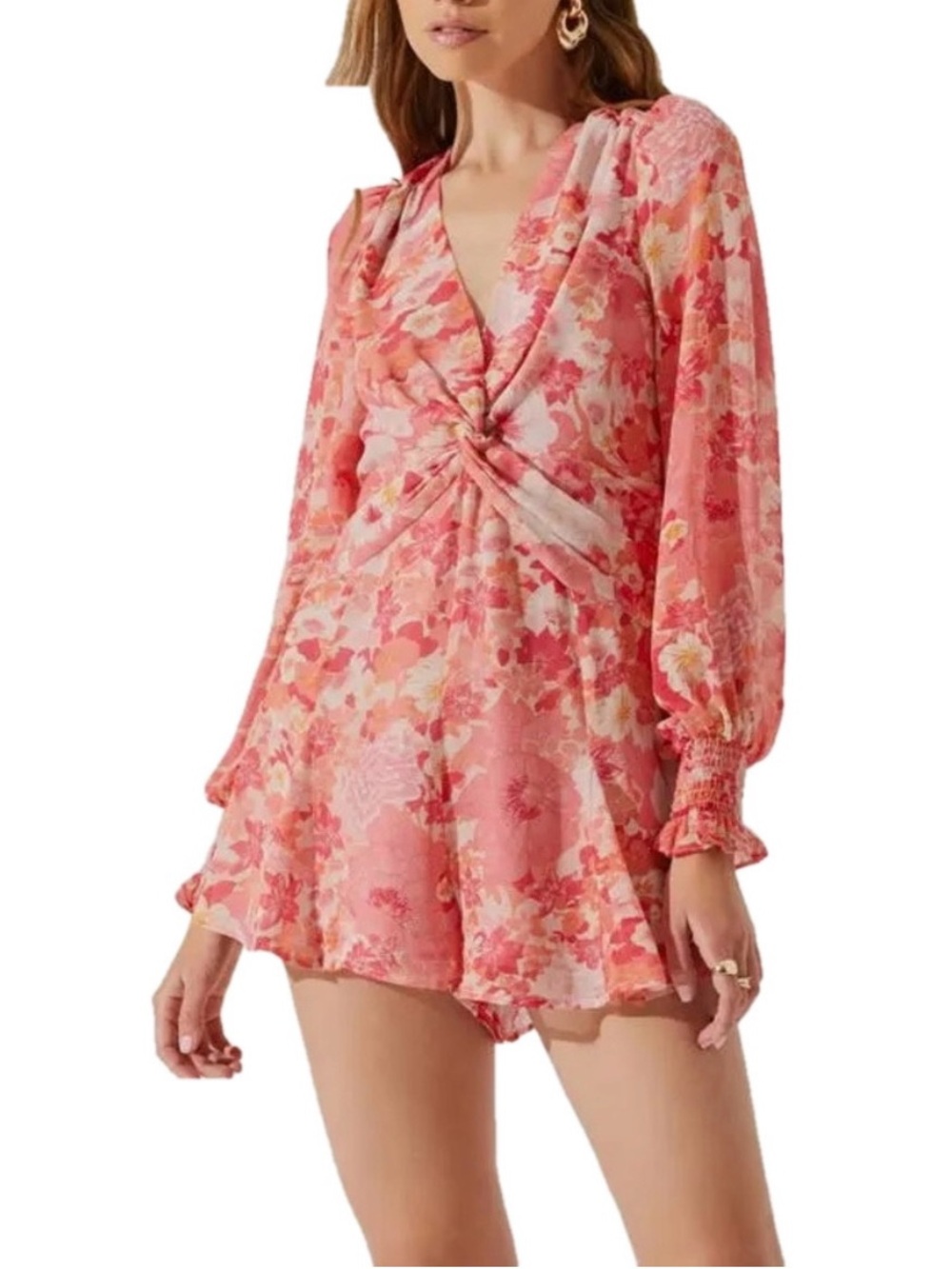 ASTR the Label Floral Open Back Long Sleeve Chiffon Romper - EUC